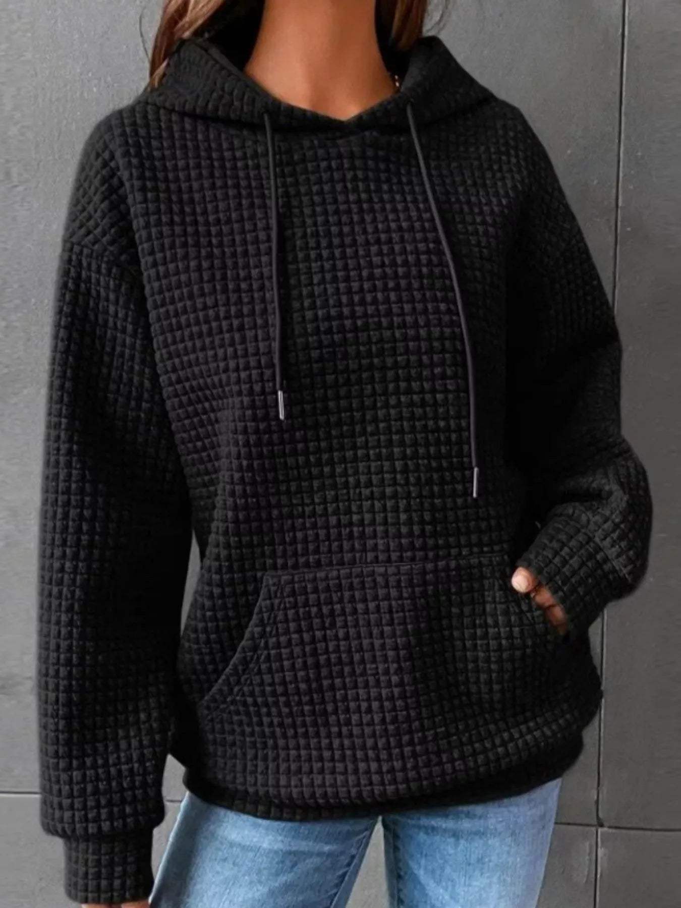 Full Size Textured Kangaroo Pocket Hoodie Plus Size - Trendsi - Flyclothing LLC