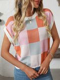 Mandy Checkered Round Neck Cap Sleeve Knit Top - Trendsi - Flyclothing LLC