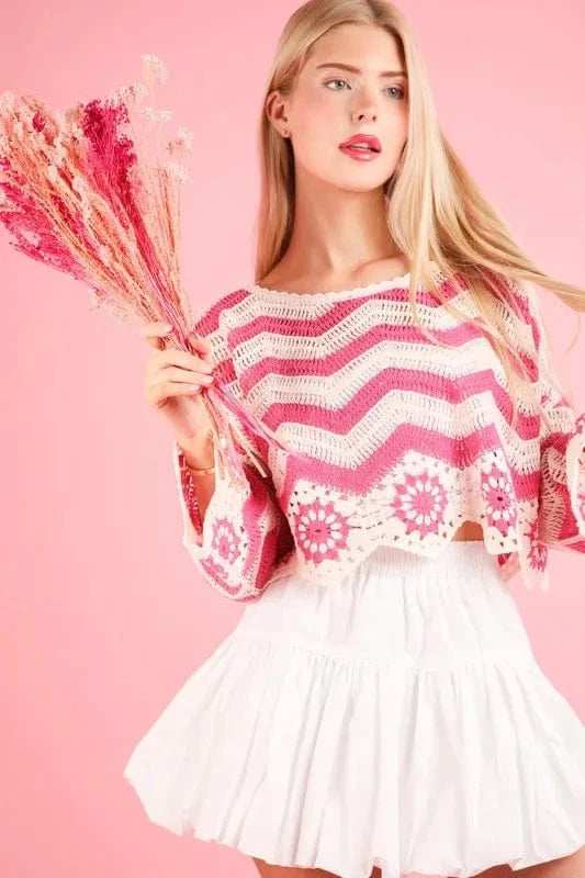 VERY J Chevron/Floral Pattern Crochet Knit Top - Trendsi - Flyclothing LLC