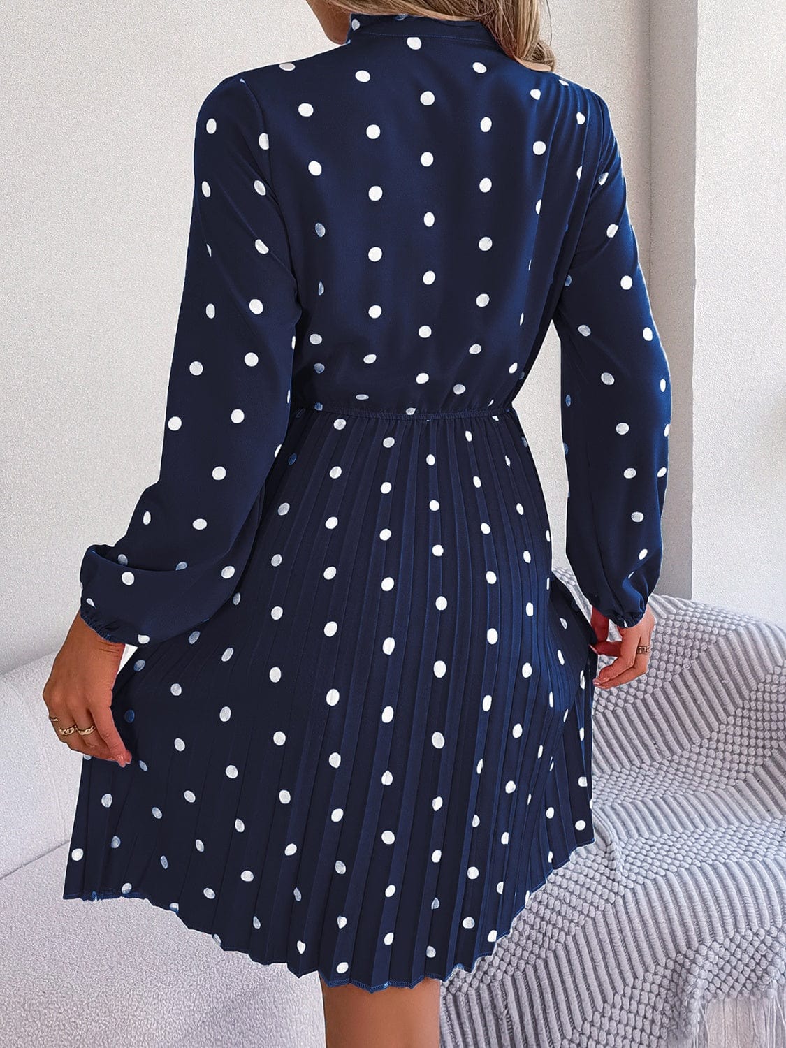 Polka Dot Tie Neck Pleated Dress - Trendsi