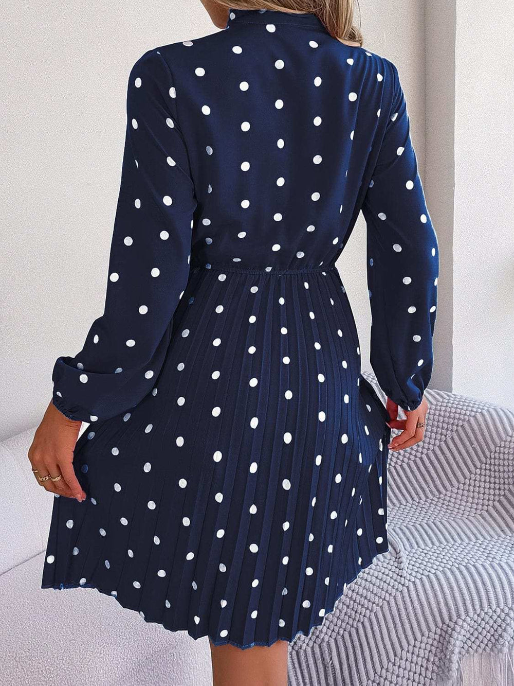 Polka Dot Tie Neck Pleated Dress - Trendsi - Flyclothing LLC
