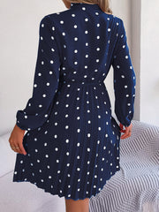 Polka Dot Tie Neck Pleated Dress - Trendsi