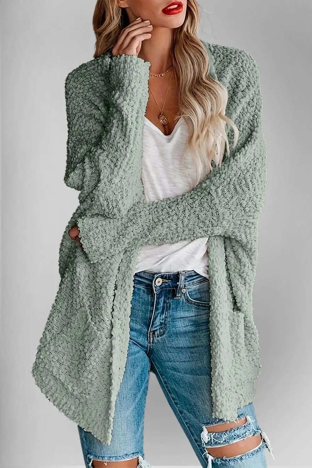 Double Take Pocketed Open Front Long Sleeve Cardigan - Trendsi - Flyclothing LLC