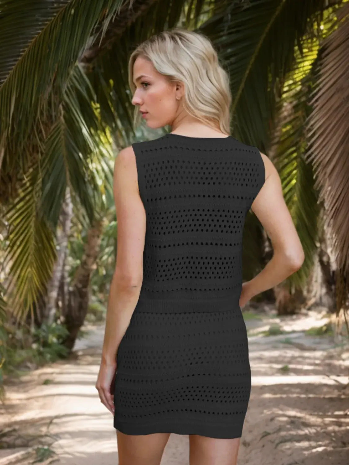 Openwork V-Neck Top and Skirt Knit Cover Up Set - Trendsi - Flyclothing LLC
