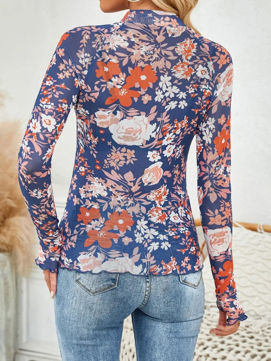 Floral Mock Neck Long Sleeve Top - Trendsi - Flyclothing LLC