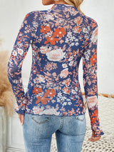 Floral Mock Neck Long Sleeve Top - Trendsi - Flyclothing LLC