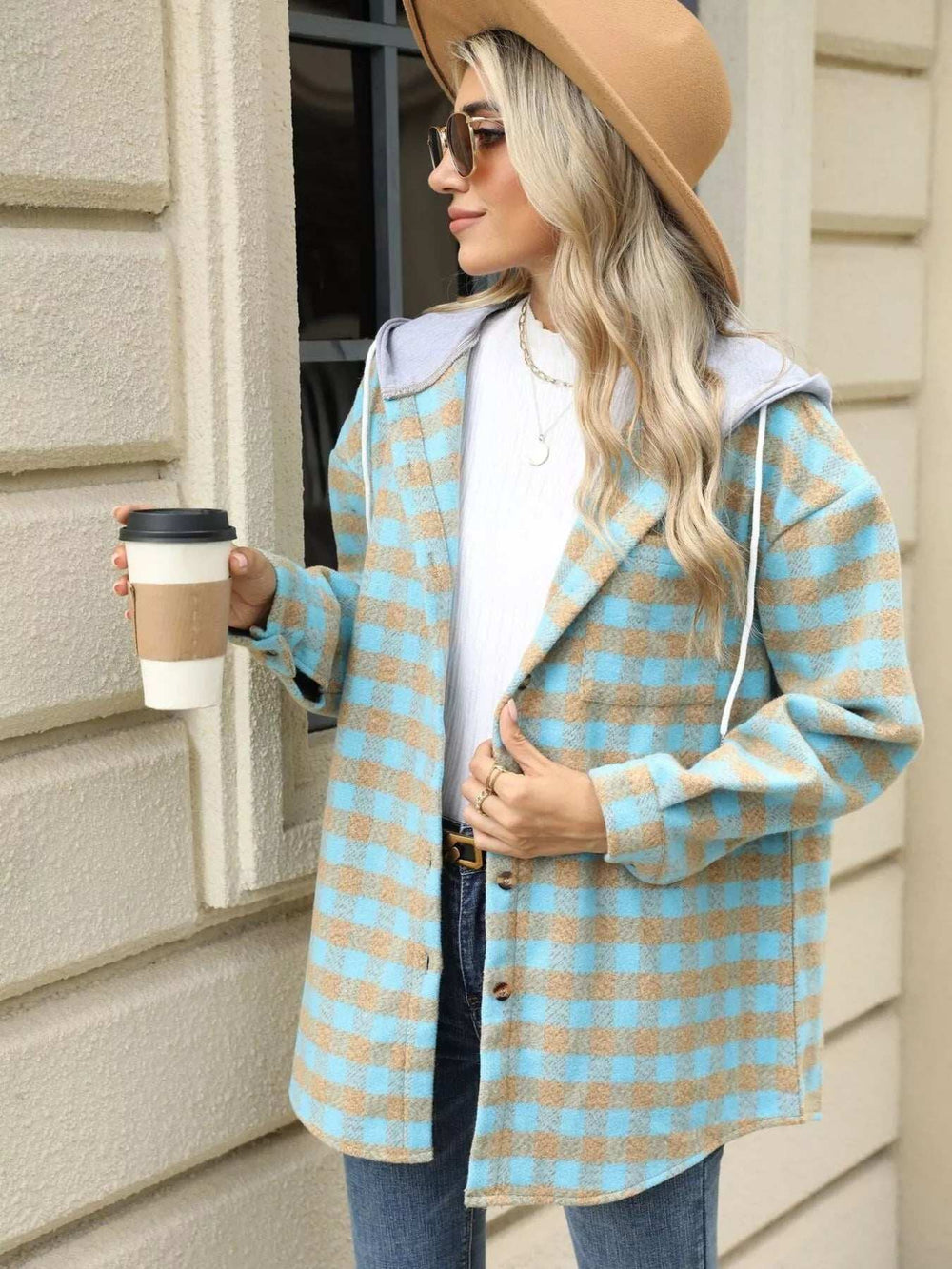 Plaid Button Up Long Sleeve Drawstring Hooded Jacket - Trendsi - Flyclothing LLC
