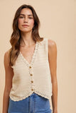 Annie Wear Crochet Trim Button Down Sweater Vest - Trendsi