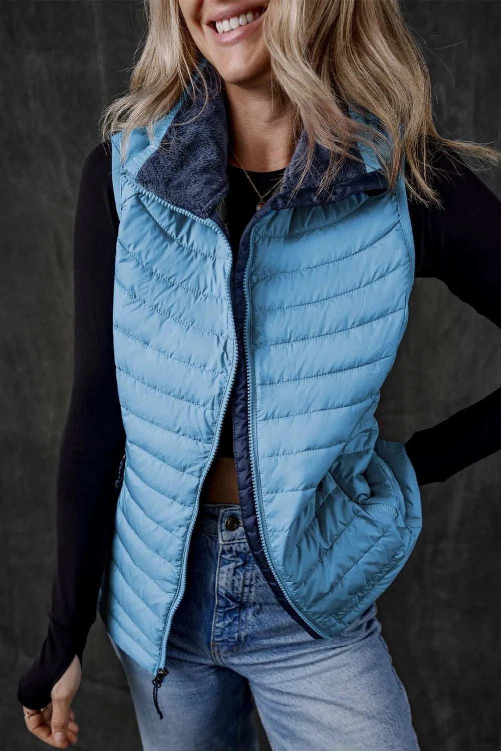 Pocketed Zip Up Vest Coat - Trendsi - Flyclothing LLC