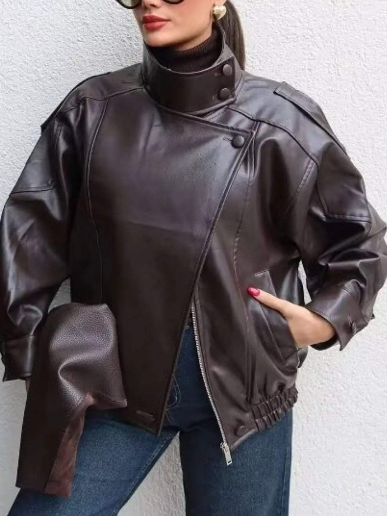 Zip-Up Faux Leather Moto Jacket - Trendsi - Flyclothing LLC