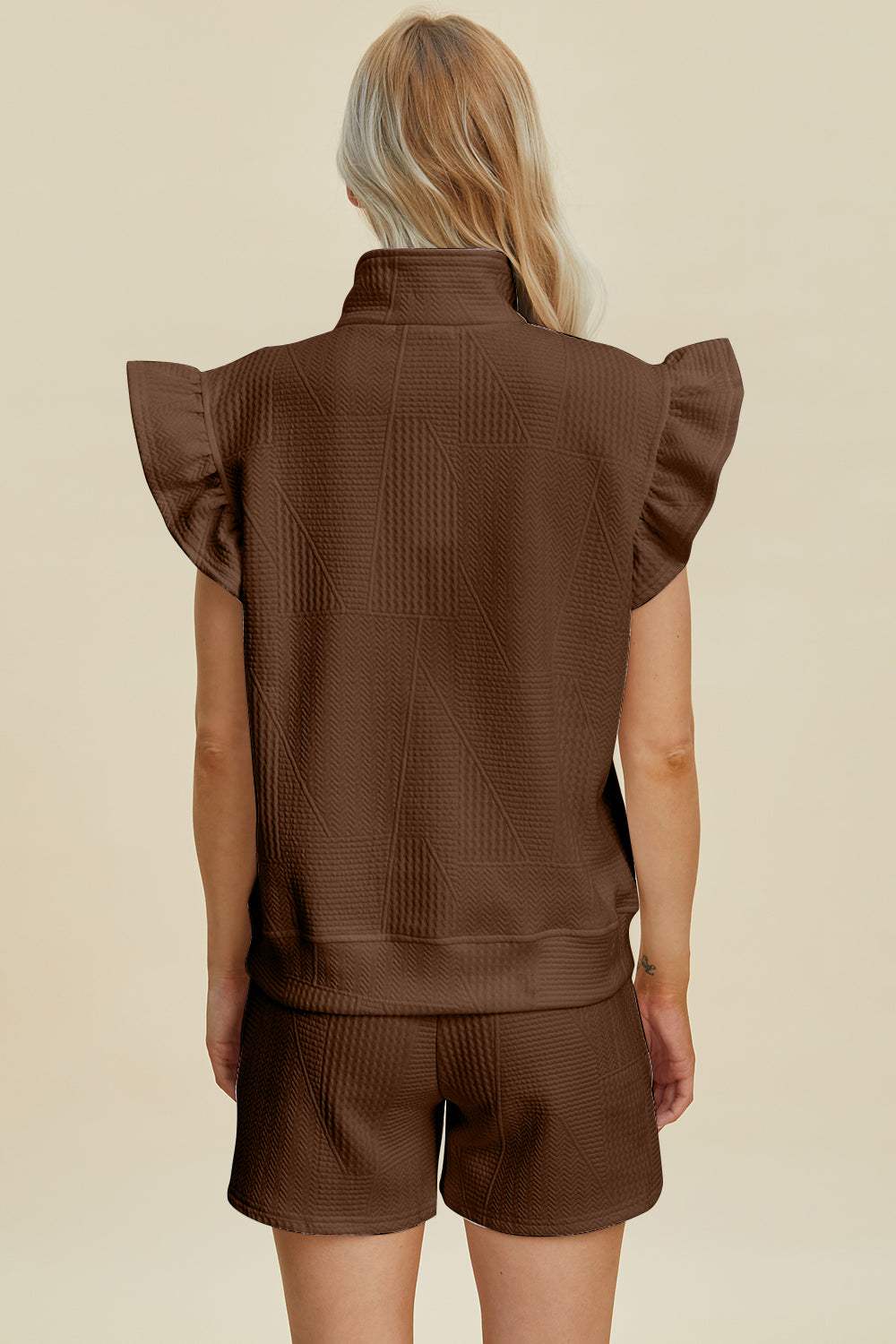 Double Take Full Size Texture Flounce Sleeve Top and Shorts Set - Trendsi - Flyclothing LLC