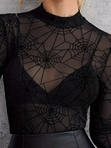 Spider Web Print Long Sleeve Blouse - Trendsi - Flyclothing LLC