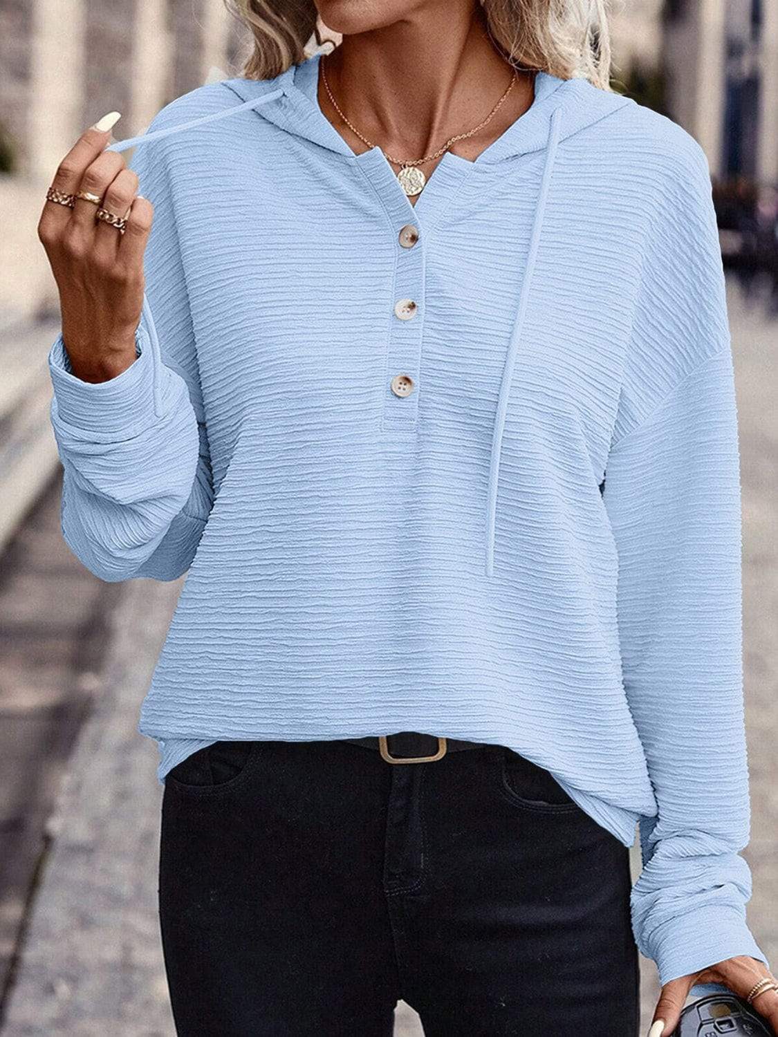 Drawstring Quarter Button Long Sleeve Hoodie - Trendsi - Flyclothing LLC