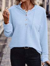 Drawstring Quarter Button Long Sleeve Hoodie - Trendsi - Flyclothing LLC