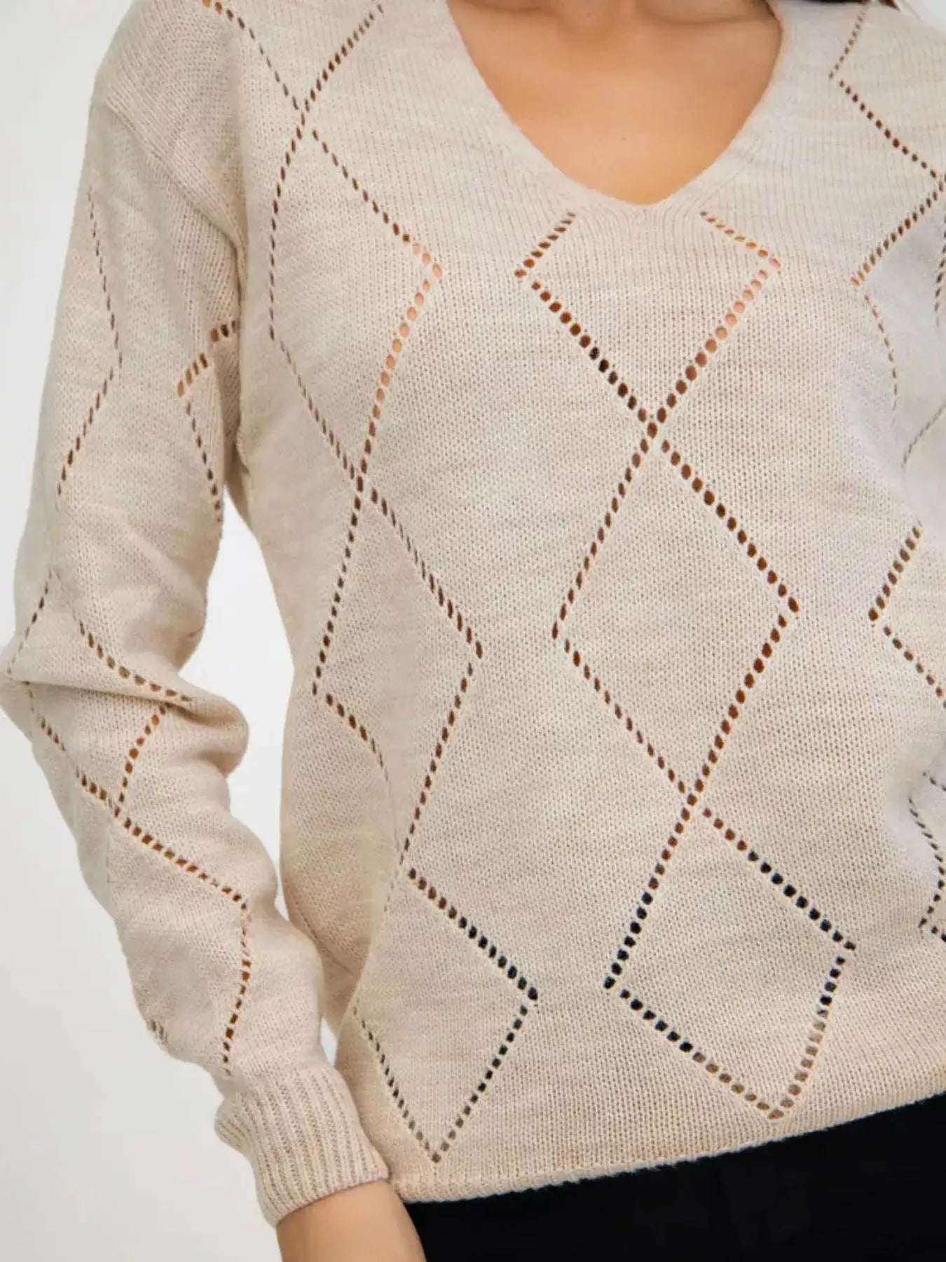 Openwork V-Neck Sweater - Trendsi - Flyclothing LLC