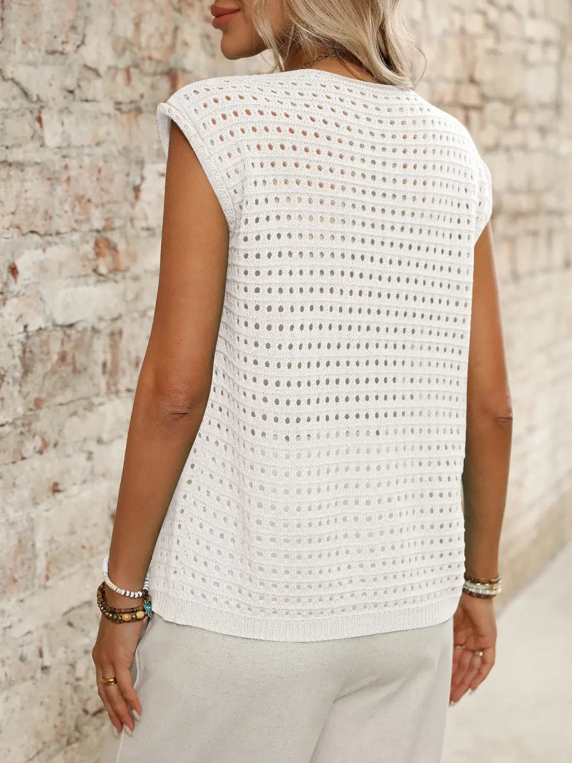 Tied Front Openwork V-Neck Knit Top - Trendsi - Flyclothing LLC