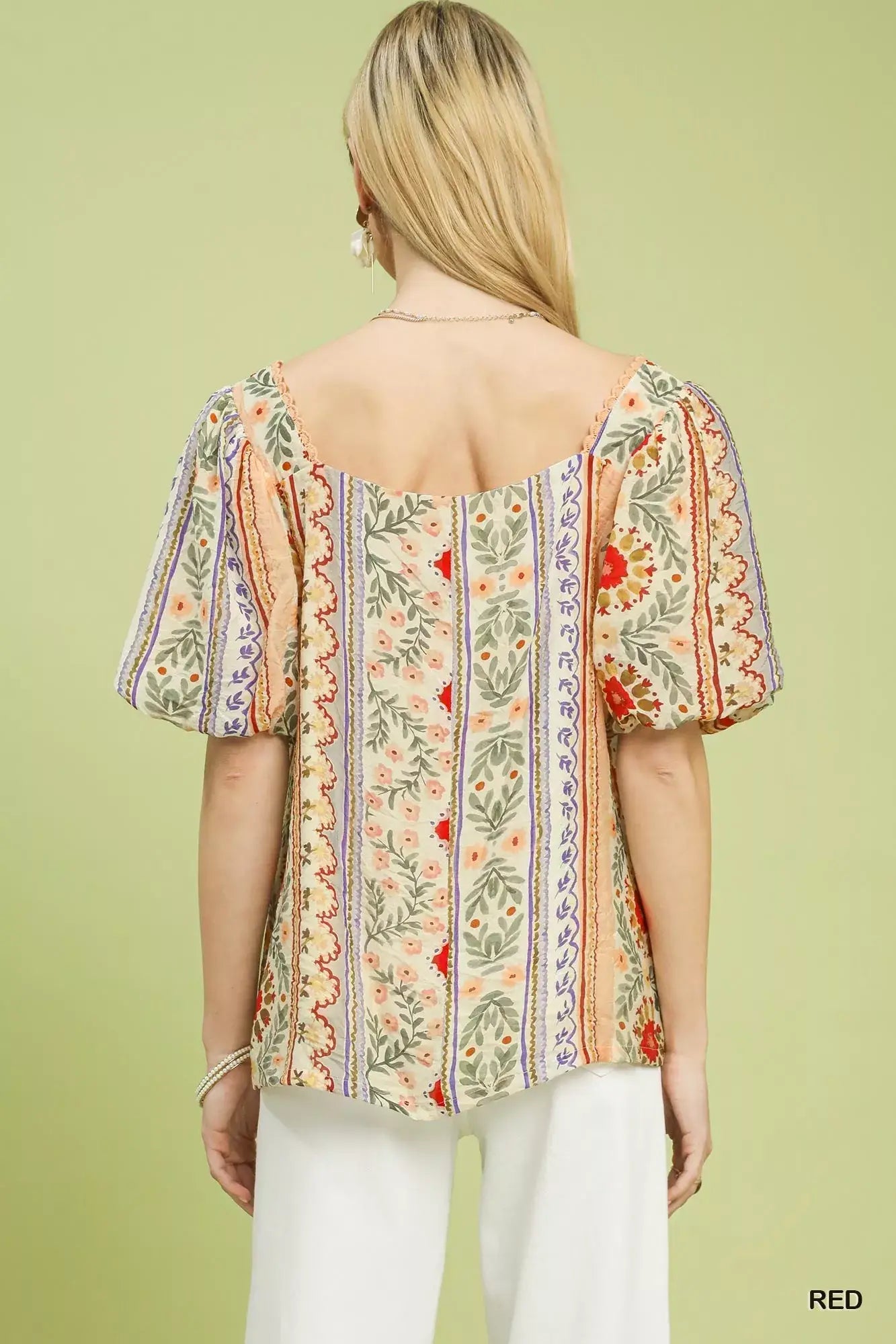 Umgee Patchwork Puff Sleeve Smocked Blouse - Trendsi - Flyclothing LLC