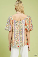 Umgee Patchwork Puff Sleeve Smocked Blouse - Trendsi - Flyclothing LLC
