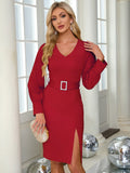 Slit V-Neck Long Sleeve Knee Length Dress - Trendsi