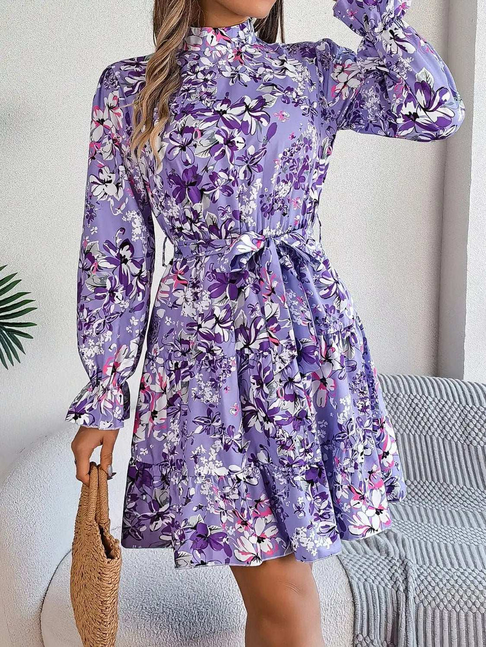 Printed Mock Neck Flounce Sleeve Mini Dress - Trendsi - Flyclothing LLC