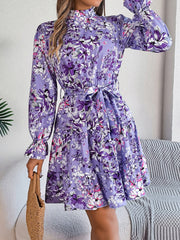 Printed Mock Neck Flounce Sleeve Mini Dress - Trendsi
