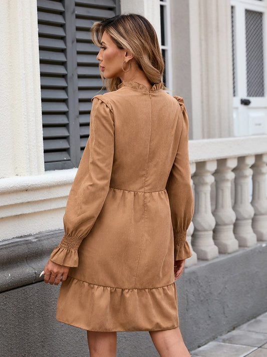 Frill Mock Neck Long Sleeve Dress - Trendsi