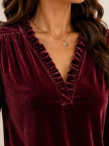 V-Neck Ruffle Trim Velvet Blouse - Trendsi - Flyclothing LLC