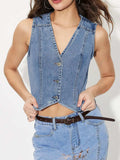 V-Neck Button Up Denim Vest - Trendsi - Flyclothing LLC