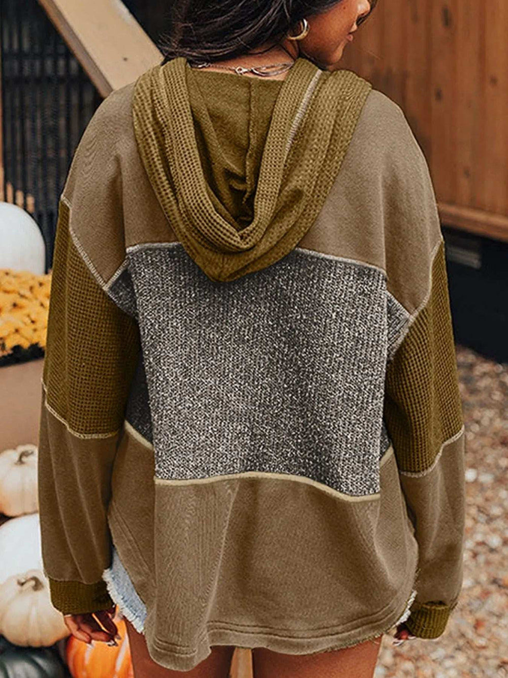 Mixed Texture Patchwork Exposed Seam Half Button Hoodie - Trendsi - Flyclothing LLC