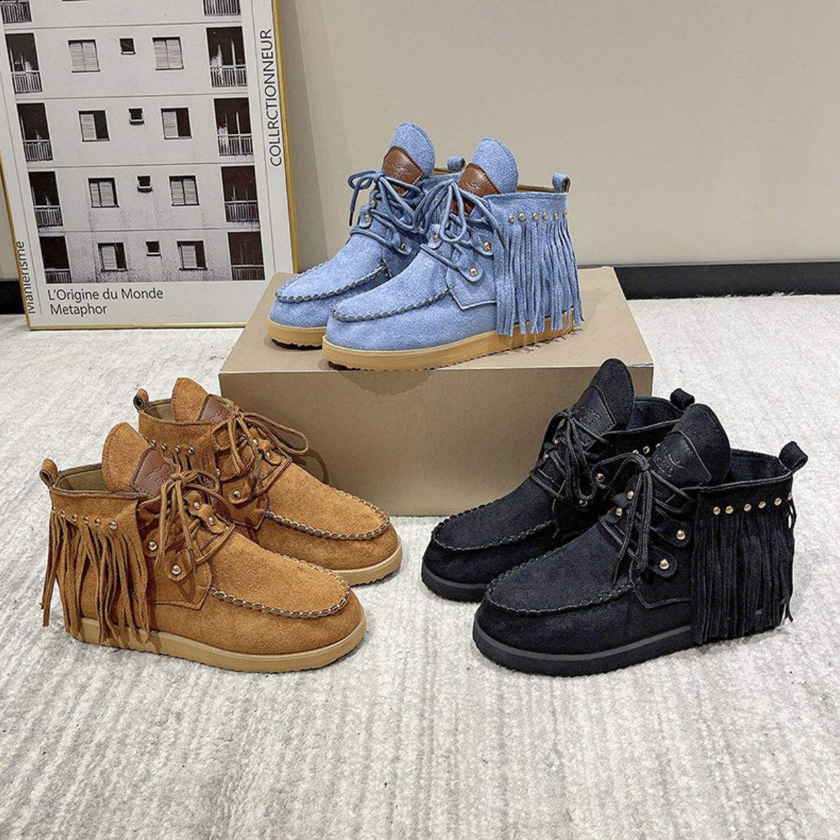 Fringe Studded Round Toe Canvas Boots - Trendsi - Flyclothing LLC