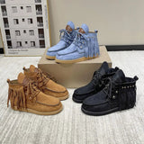 Fringe Studded Round Toe Canvas Boots - Trendsi
