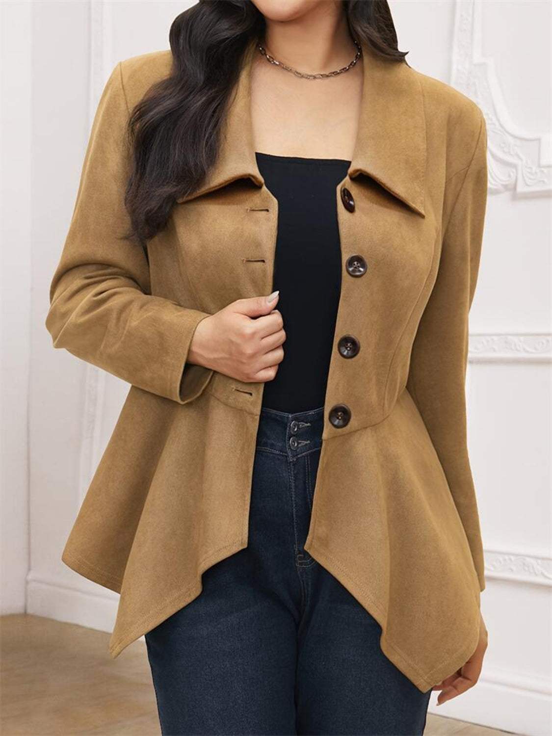 Handkerchief Hem Button Up Collared Neck Jacket - Trendsi - Flyclothing LLC
