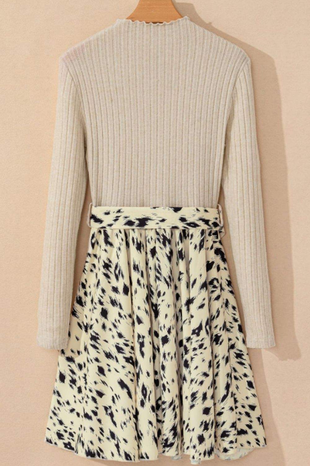 Printed Tie Waist Mock Neck Long Sleeve Dress - Trendsi - Flyclothing LLC