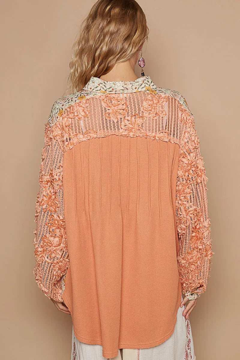 POL Floral Half Button Lace Detail Long Sleeve Top - Trendsi - Flyclothing LLC
