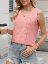 V-Neck Eyelet Knit Cami Tank Top - Trendsi - Flyclothing LLC