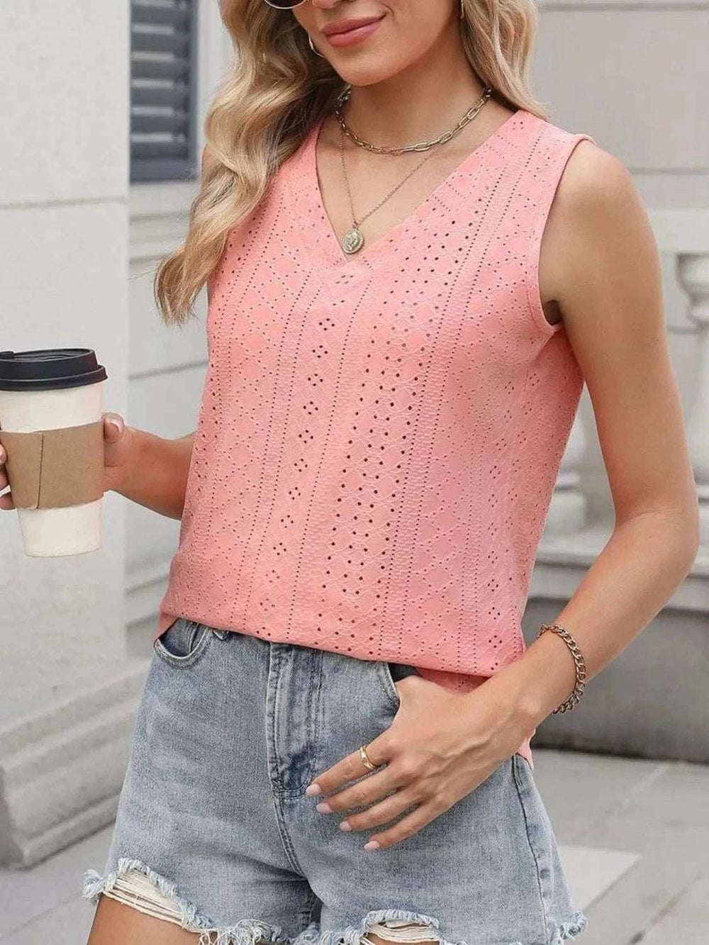 V-Neck Eyelet Knit Cami Tank Top - Trendsi - Flyclothing LLC