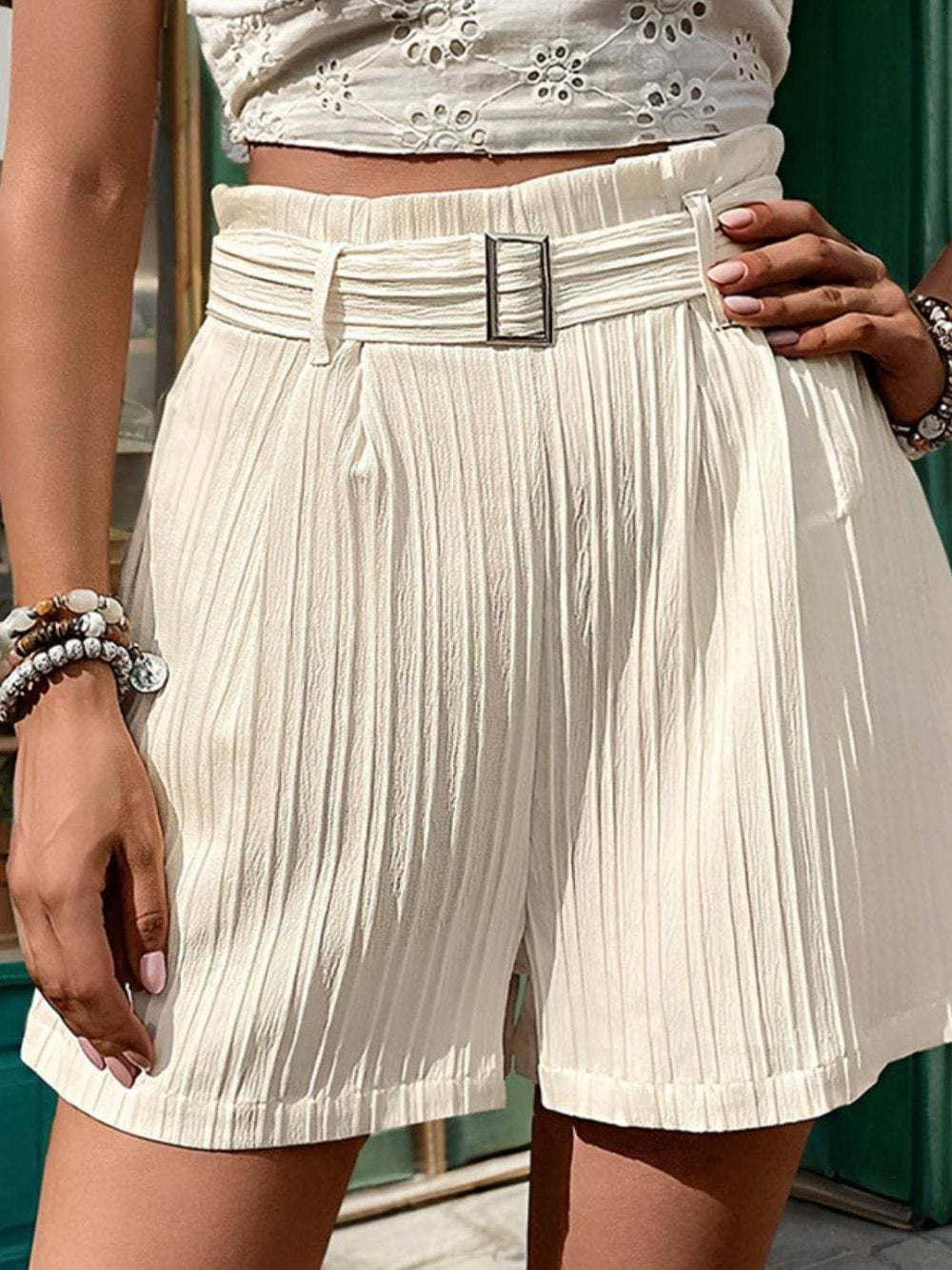 Textured High Waist Shorts with Pockets - Trendsi - Flyclothing LLC