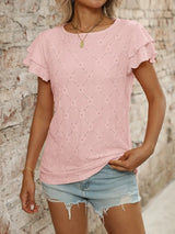 Eyelet Round Neck Double Layered Ruffled Short Sleeve Top - Trendsi - Flyclothing LLC