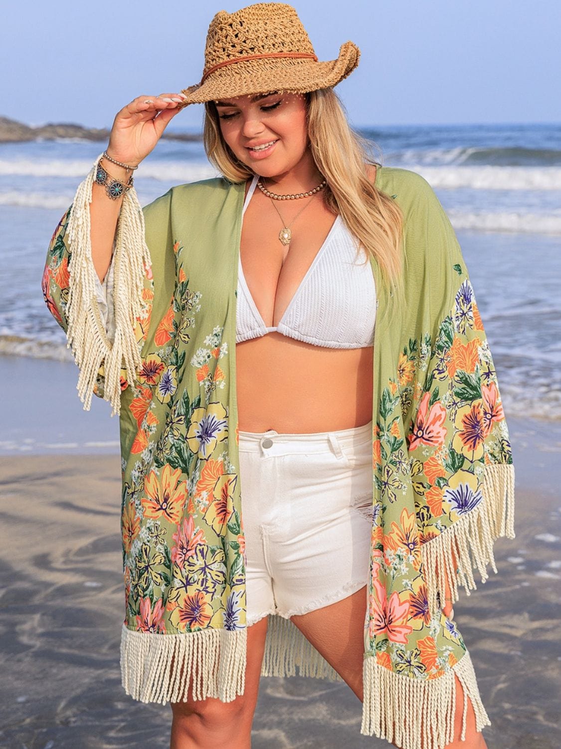 Plus Size Fringe Open Front Cover-Up - Trendsi