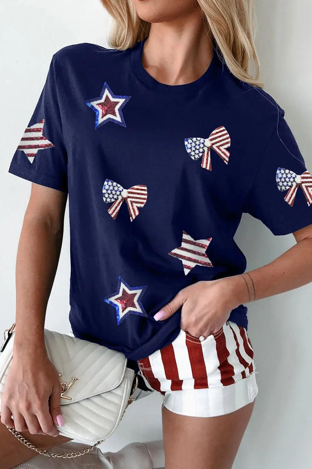 Sequin Star Round Neck Short Sleeve T-Shirt - Trendsi - Flyclothing LLC