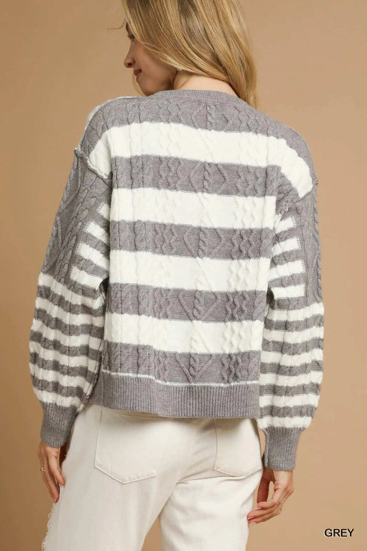 Umgee Cable-Knit Stripe Button-Up Cardigan - Trendsi - Flyclothing LLC