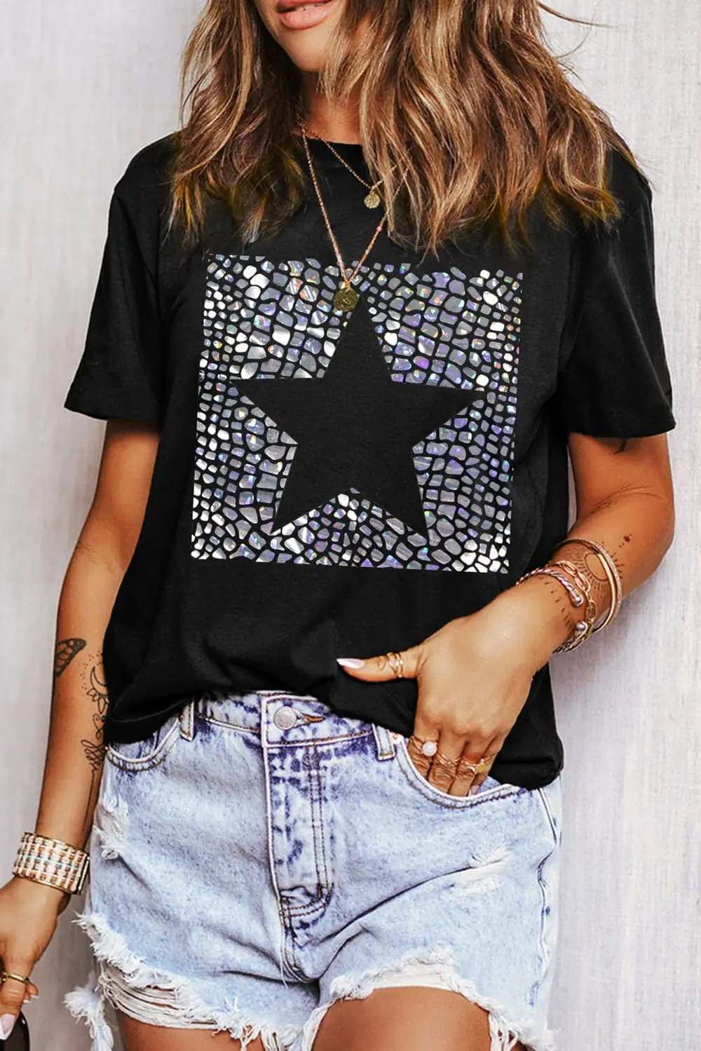 Star Round Neck Short Sleeve T-Shirt - Trendsi - Flyclothing LLC