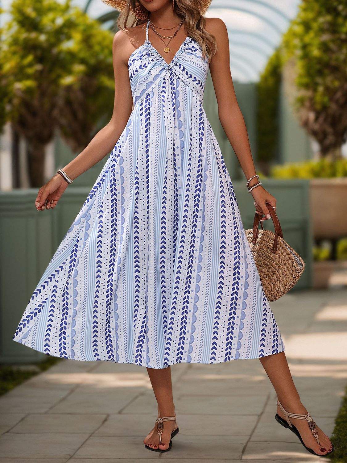 Tied Printed Halter Neck Sleeveless Midi Dress - Trendsi - Flyclothing LLC