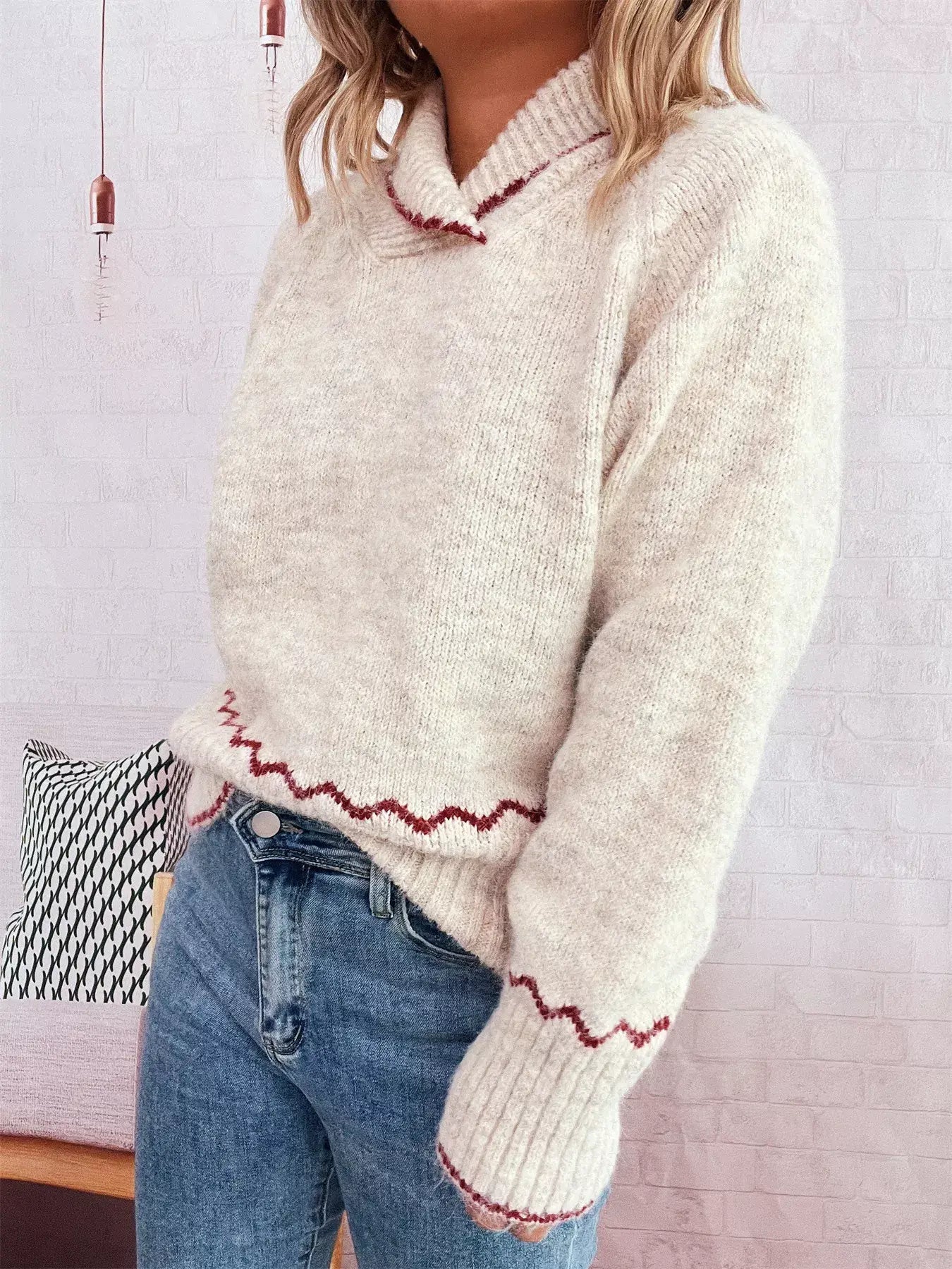 Ribbed Contrast Trim Long Sleeve Sweater - Trendsi - Flyclothing LLC