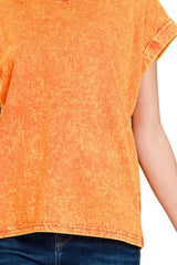 Zenana Crinkle Washed Round Neck Folded Short Sleeve Tee - Trendsi - Flyclothing LLC