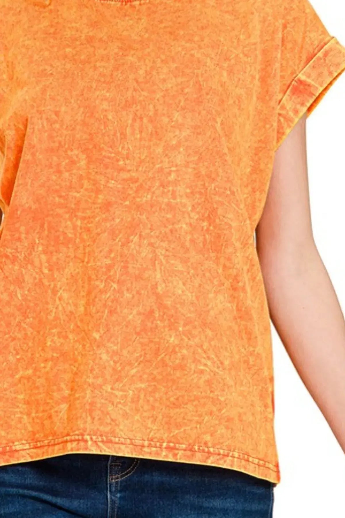 Zenana Crinkle Washed Round Neck Folded Short Sleeve Tee - Trendsi - Flyclothing LLC