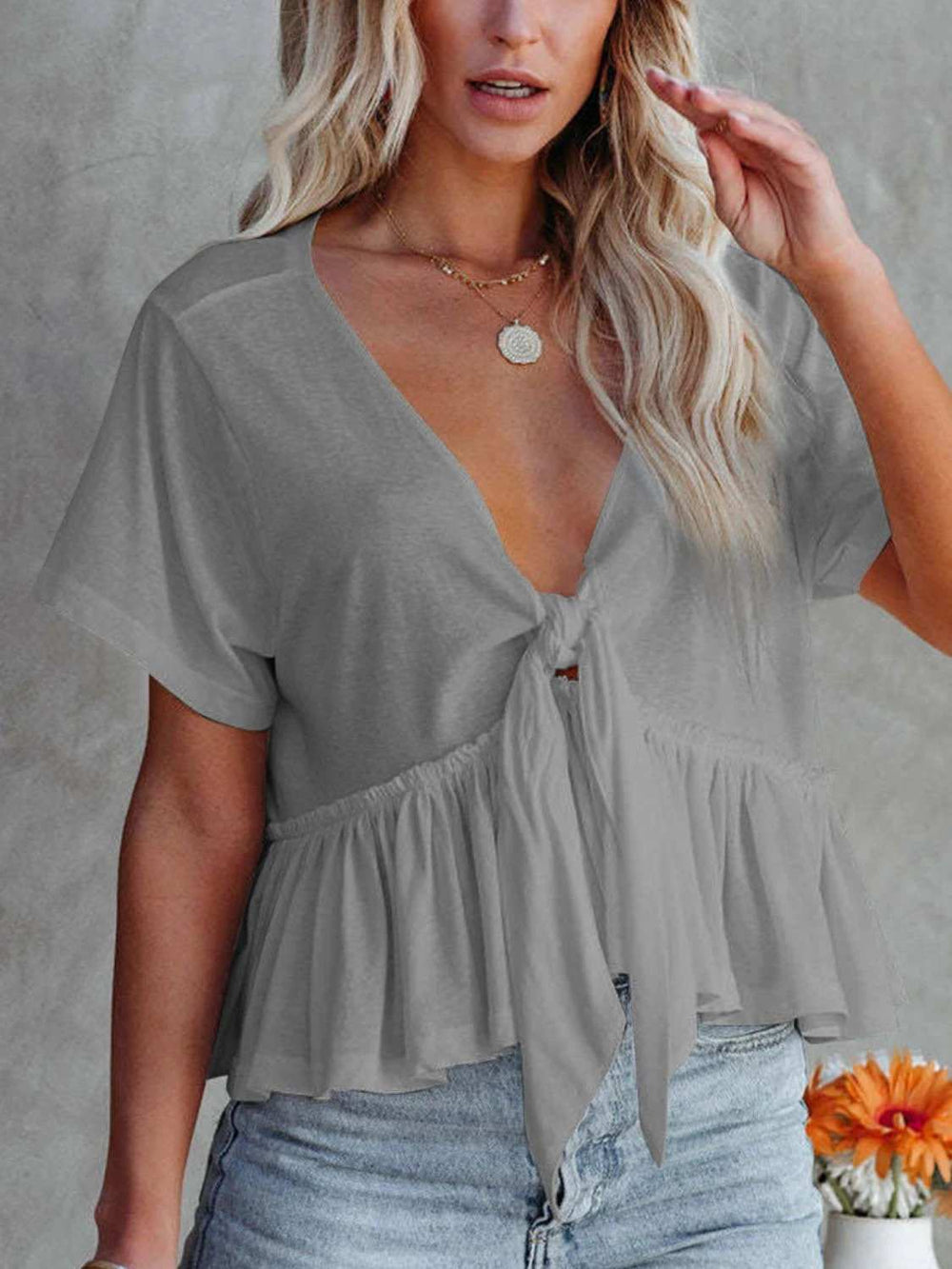 Tied Plunge Short Sleeve Blouse - Trendsi - Flyclothing LLC