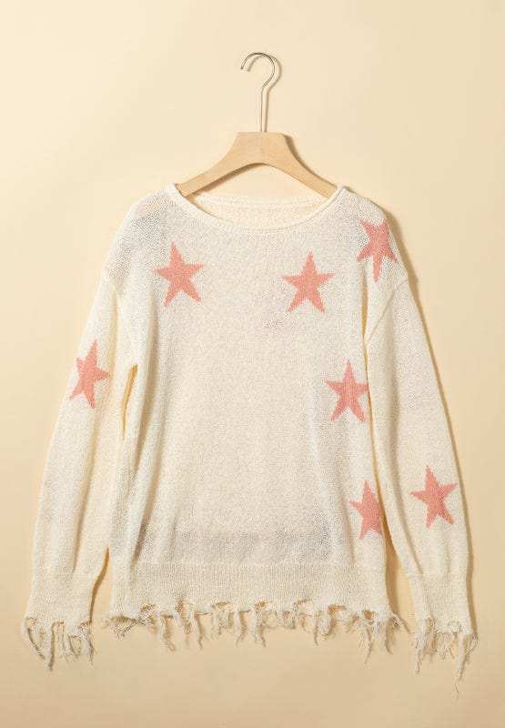 Contrast Star Raw Hem Long Sleeve Knit Top - Trendsi - Flyclothing LLC