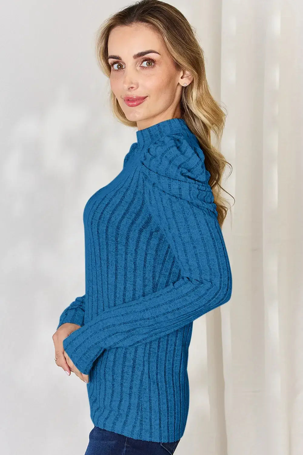 Basic Bae Full Size Ribbed Mock Neck Puff Sleeve T-Shirt - ShopBasicbae - Flyclothing LLC