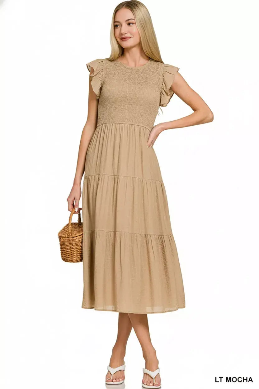 Zenana Woven Smocked Ruffle Sleeve Midi Dress - Trendsi - Flyclothing LLC